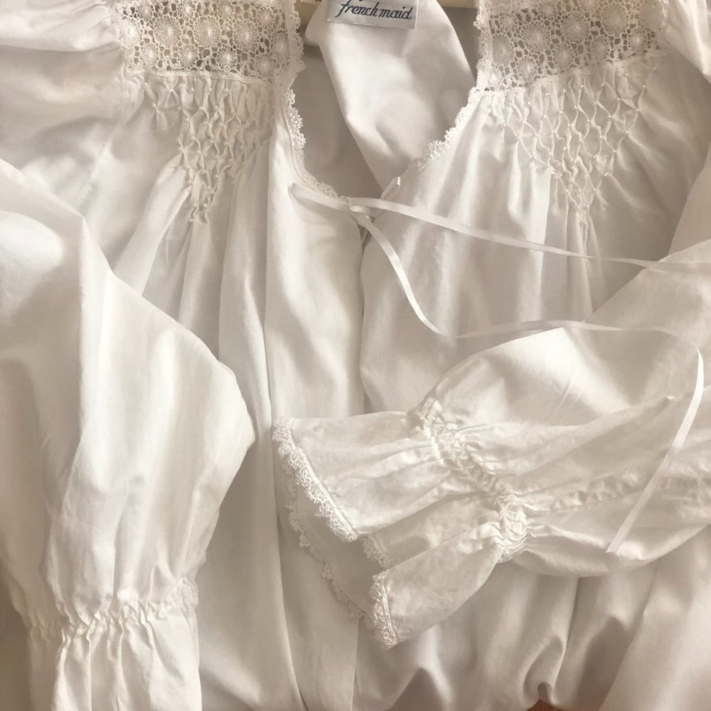 French Maid ladies bed jacket, hand detailed shirring, seed pearl yoke